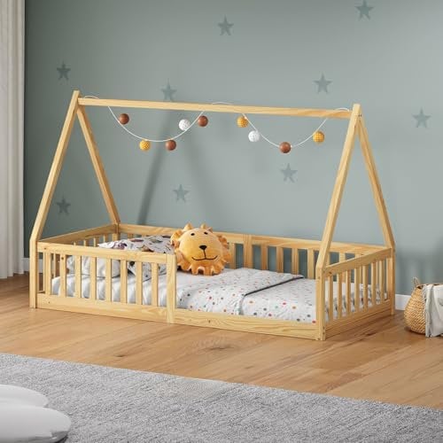 IDIMEX Hausbett Nicolas 90 x 200 cm Natur - bodentiefes Kinderbett inkl. beidseitigem Rausfallschutz, Montessori Bett aus Massivholz