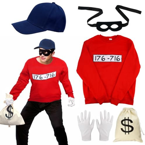 Panzerknacke Kostüm, Räuber Dieb Kostüm, Größe S Banditen Langarm Shirt mit Maske Handschuhe Geldbeutel MÜTZE, Bande Fasching Kostüme Herren Damen, Herren Kostüme-Outfits Halloween Karneval Faschings