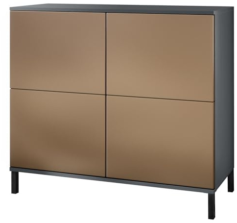 Vladon Kommode Rova V3, Moderner Küchenschrank mit 4 Push-to-Open Türen Anthrazit matt/Bronze Optik (92,5 x 83.5 x 35)