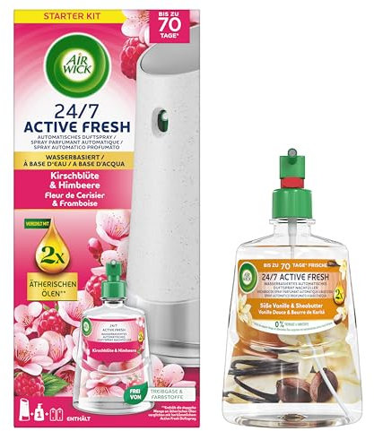 Air Wick Active Fresh Wasserbasiertes Automatisches Duftspray Starter Set inklusive Nachfüller 1x228ml Kirschblüte & Himbeere & 1x 228ml Süße Vanille & Sheabutter