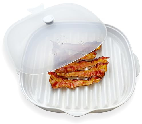 Microwave Bacon Cooker Tray, Splatter Lid, 1 Silicone Mat, Bacon Grill (White)