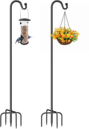 QIZENME 2PCS 150cm Shepherd's Hooks, Heavy Duty Metal Garden Hooks with 5-Section Adjustable Design & 5-Prong Base, 1.3cm Diameter – Ideal for Outdoor Decor, Lanterns, Bird Feeders