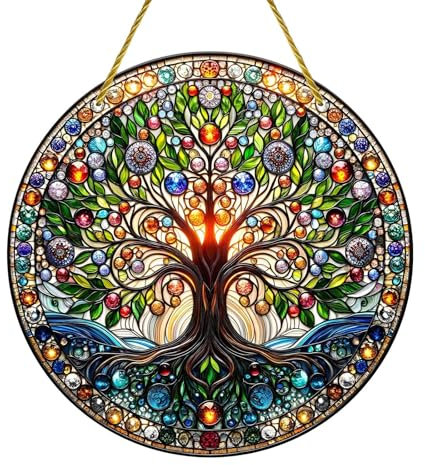 Deco A Suspendre Attrape-Soleil en Forme d'arbre de Vie pour intérieur/extérieur, vitrail à Suspendre, Attrape-Soleil en Verre teinté Fait à la Main pour fenêtres, décoration à Suspendre (20x20cm)
