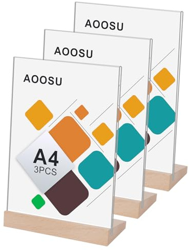 AOOSU Acryl Display Ständer, 3 Stück Tischaufsteller A4 mit Holzfuß, L-Ständer Aufsteller Doppelseitiger Vertikaler Tischaufsteller Menükartenhalter für Restaurants, Cafés, Büros, Fotos