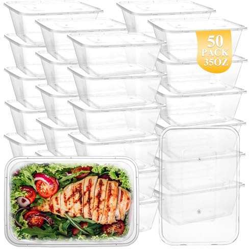 AKOLAFE 50 Pièces Boite Plastique Alimentaire 1000 ml, Boite Conservation Alimentaire avec Couvercle 17 x 11,5 x 6 cm, Barquette Reutilisable pour Repas