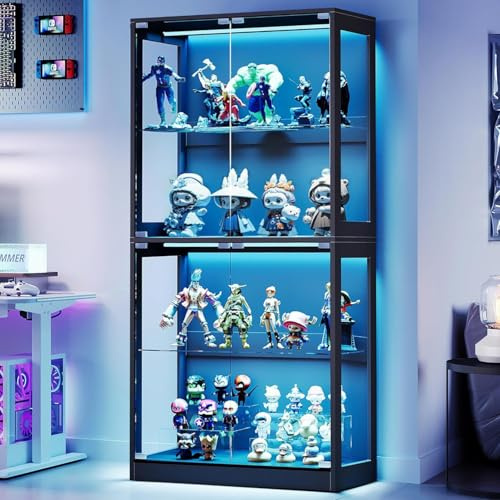AMERLIFE RGB Display Cabinet with Adjustable Glass Shelves, 4-Tier Storage Case with LED Lights & Press-to-Open Doors, Modern Display Shelf for Collectibles, Black 70 H×32 L×16 D