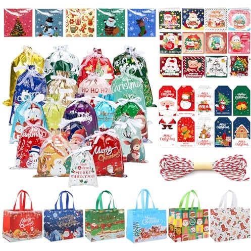 Defresit 202 Pcs Bags: 5 Sizes Drawstring Xmas Gift Bags, Large Medium Small Christmas Bags for Presents with Xmas Cards for Party, Holiday, Wedding, Birthday and Decorations