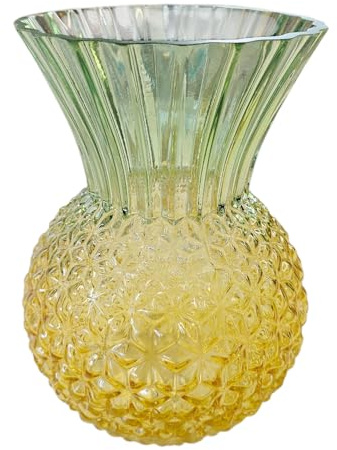 MACOSA HO364001 Deko Glasvase Ananas Design 22 cm Gelb Grün Farbverlauf Vase rund strukturiert Glas Blumenvase modern für Wohnzimmer Küche Esstisch Fensterbank Sommer Tischdeko