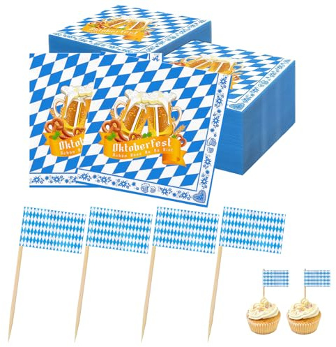 Oktoberfest Servietten 100 Stk + Zahnstocher Flaggen 100 Stk Bayern | Einweg-Papier, Blau-weiß Karomuster, mit Bier & Brezel Motiv, saugstark, für Bierzelt & Gartenparty & Deko, Holzstab-Fähnchen