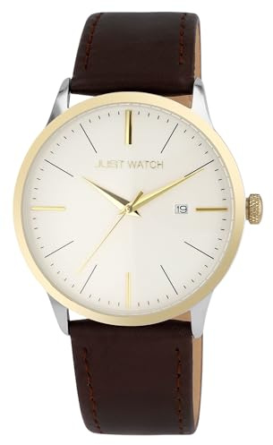 Just Watch Herrenuhr aus Edelstahl mit Echtlederarmband | 41 mm Gehäuse | 25 cm Armbandlänge mit Dornschließe | Datumsanzeige | Mineralglas | 5 ATM wasserdicht | Watch for Men