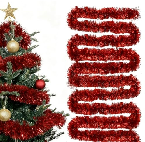 Weihnachtsgirlande, Tannengirlande Künstlich, 12 Meter Lange Rote Girlande Für Weihnachtsbaum, Festliche Dekoration Für Innen Und Außen, DIY Weihnachtsdekoration
