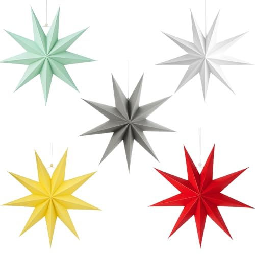 5er Set Papiersterne, Weihnachtsstern Deko, Enthält 5 Farben (Weiß, Grau, Minzgrün, Gelb, Orange), Sterne Deko für Fenster, Weihnachtsdekoration, Weihnachtsdeko Fenster, Partydekoration, Wiederverwend