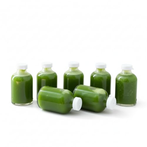 Jungengel Glasflaschen 50ml 7 Stück - Mini Shot Kleine Flaschen Set mit Schraubdeckel für Ingwer Shot, Kurkuma, Öle - zum Befüllen, 9cm Höhe, Dickwandig, Auslaufsicher, Wiederverwendbar