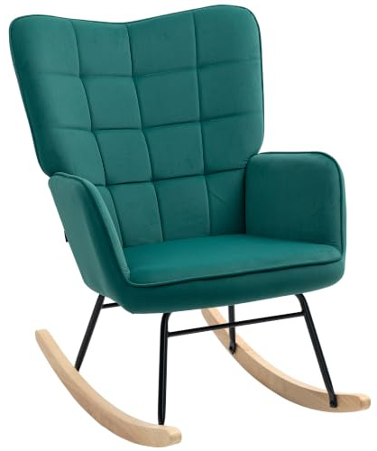 HOMCOM Fauteuil à Bascule, Rocking Chair, Revêtement Velours, Vert Foncé | Chaise à Bascule, Structure en Acier, Pieds en Bois Massif