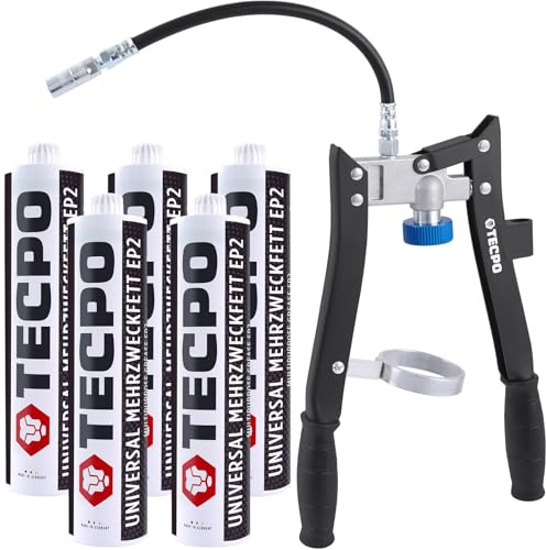TECPO 5x Universal Mehrzweckfett 500g mit Zweihand Kartuschen Fettpresse mit Gewinde und Panzerschlauch Ausführung Kartuschenpresse Fettpresse