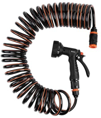 SolaDirect 15m Spiral Garden Hose Set with 9 Pattern Spray Gun - Coiled Recoil Hose, Quick Connectors and 1/2 3/4 Tap Adapter for UK Outdoor Taps, Car Washing Patio Cleaning Balcony Watering