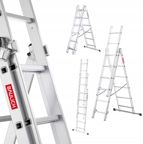 Baulich - Mehrzweckleiter 3in1 - Treppenleiter, Anlegeleiter & Stehleiter - Aluleiter Ausziehbar - 3x6 (Stufen) Vielseitig, Klappbar, Bis 150kg, Für Arbeiten Im Haus und Garten, Leicht 8kg, Silber