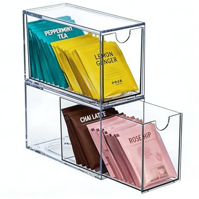 FRUHLING Organizador de bolsas de té, 2 unidades, soporte para bolsas de té, acrílico transparente