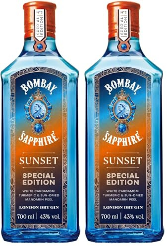 Bombay Sapphire Sunset London Dry Gin, 43% vol., 70 cl / 700 ml, Edizione speciale Gin 100% infuso a vapore con l'intensità delle spezie e il gusto agrodolce del mandarino (Confezione da 2)