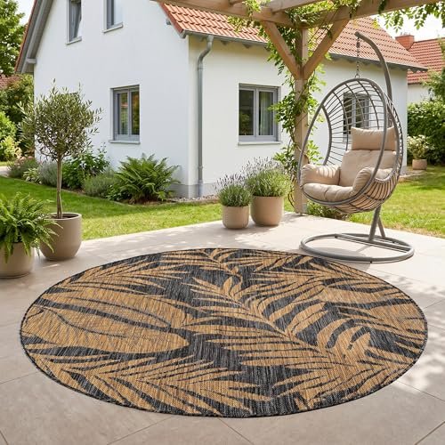 SIMPEX Outdoor Teppich Schwarz Natur Jute Optik Rund 80 cm Balkon Terrasse Garten Wetterfest UV-beständig Klein Palmblatt Flachgewebe Pflegeleicht Robust Modern
