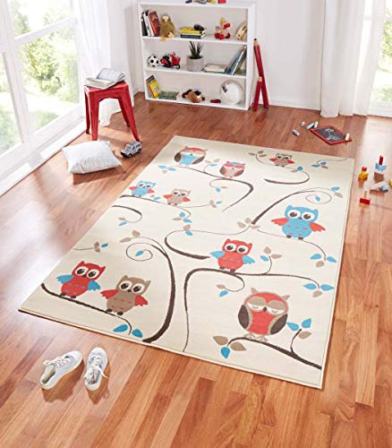 Zala Living Owl's Design Velours Kinderteppich, Popypropylen, Beige/Blau, 200 x 140 x 0,9 cm