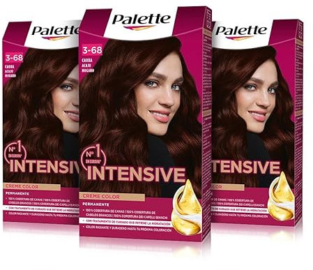 Palette Intensive Creme Color 3-68 Caoba, tinte de pelo permanente con aceite de macadamia y almendras, cubre el 100% de las canas y raíces, para un color radiante, Pack 3