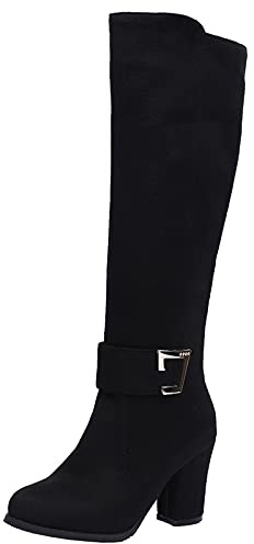 Onewus Women Knee-High Boots with Chunky Heel and Rounded Toe