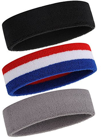 ONUPGO Schweißband Stirnband für Männer & Frauen - 3PCS Sports Stirnbänder Feuchtigkeitstransport Athletic Cotton Terry Cloth Schweißband Schweißabsorbierende Kopfband (Black, Grey, Blue/White/Red)