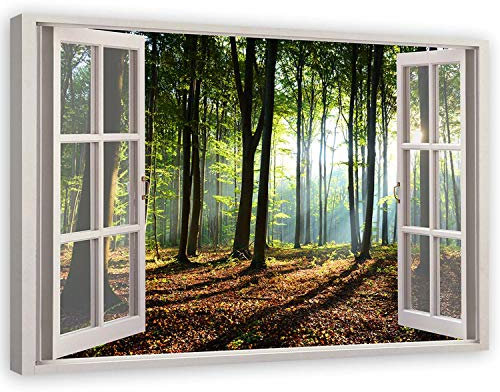 Feeby Bilder - Foto Geschenk - Fensterblick Wald Landschaft Grün - 120x80 cm XXL 1tlg - Leinwandbilder Wohnzimmer - Wandbild über dem Bett - Bild Schlafzimmer - Aesthetic Zimmer Deko - Modern Pictures