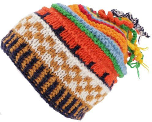 GURU SHOP Bunte Wollmütze mit weichem Futter, Handgestrickte Wintermütze | Kuschelig, schützt vor Kälte, Wasserabweisend, komfortable Passform, fair gehandelt, Unisex, ideal für Herbst-Winter