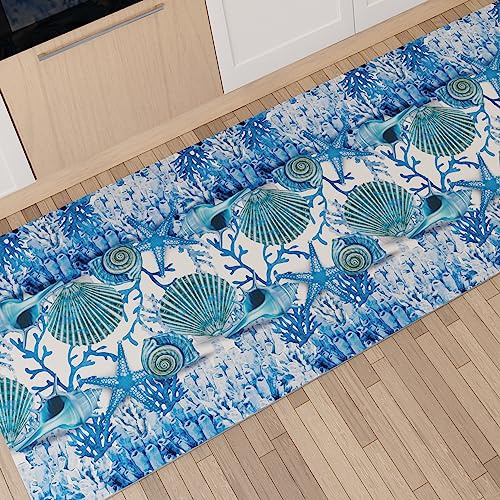 PETTI Artigiani Italiani - Tappeto Cucina Antiscivolo Lavabile in Lavatrice, Passatoia Cucina, Tappeto Cucina Lungo, 52x240 cm, Disegno Corallo Blu 100% Made in Italy