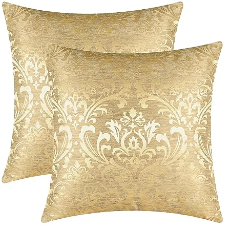 CaliTime Kissenbezüge Kissenhülle Kissenbezüge, 2 Stück, Überwurfkissenbezüge, Bezüge für Couch, Sofa, Heimdekoration, Vintage-Damast, Blumen, glänzend und stumpf, Kontrast, 40 cm x 40 cm, Gold