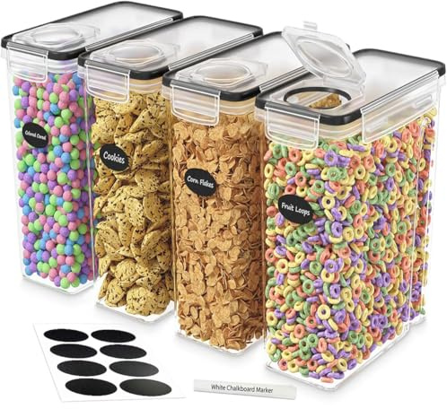 DWËLLZA KITCHEN Cereal Containers Storage 4L Set of 4 Airtight Food Storage Containers with Lids Cereal Dispenser Countertop Pantry Organization Canister for Rice Flour & Sugar 1 Marker 8 Labels