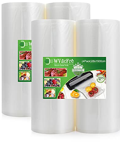 WVacFre 4 Rouleau 28x1500cm Rouleau Sacs Pour Machine Sous Vide Alimentaire,sans BPA et LFGB Sac de Congelation Sous Vide,Compatible Avec n'importe Quelle Scelleuse Sous Vide