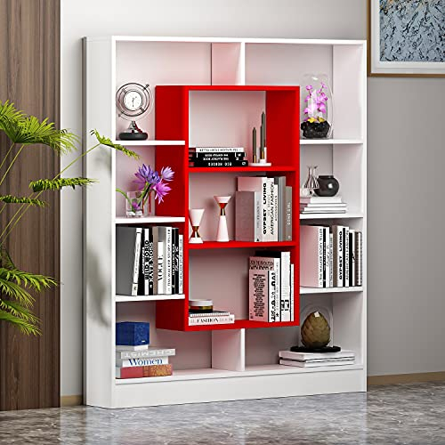 Homidea Venus Bücherregal - Standregal - Büroregal - Raumtieler für Wohnzimmer/Büro in modernem Design (Weiß/Rot)