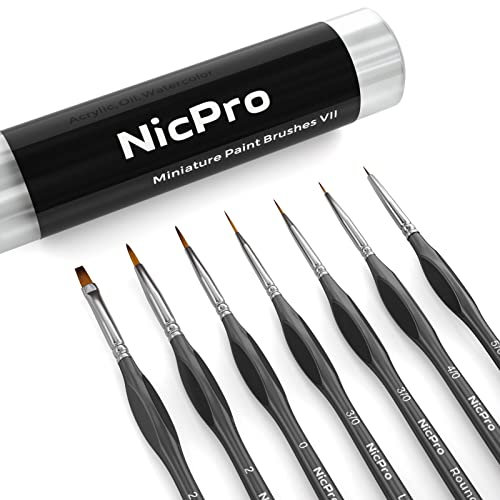 Nicpro Miniature Detail Paint Brush Set, 7 PCS Black Micro Professional Small Fine Painting Brushes for Watercolour Oil Acrylic,Craft Scale Models Rock Painting, Paint by Number with Holder Bag