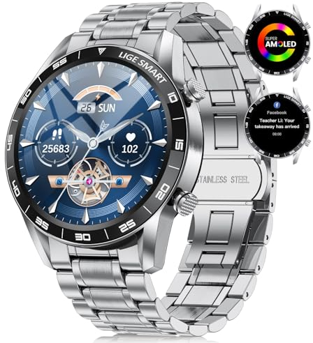 LIGE Smart Watch for Men with Answer/Make Call, 1.43 AMOLED Display, Fitness Watch 100+ Sports Modes, Heart Rate Blood Oxygen Sleep Monitor Smartwatch for Android iOS Phones, Silver