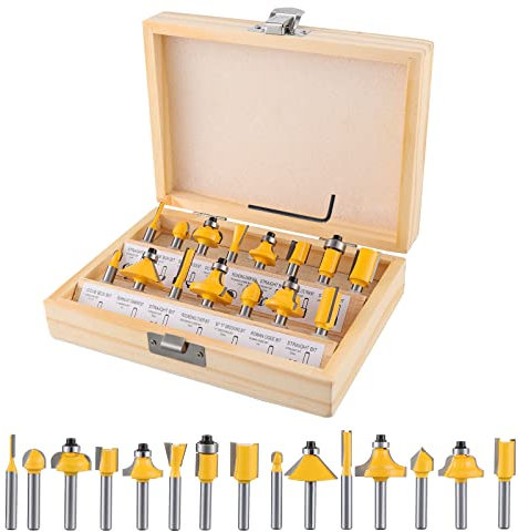 Gueenky Kit 15 Pezzi Frese per Legno Con Codolo 6,35mm, Punte Fresatrice in Carburo di Tungsteno, Set Con Codolo da 1/4 per La Lavorazione del Legno