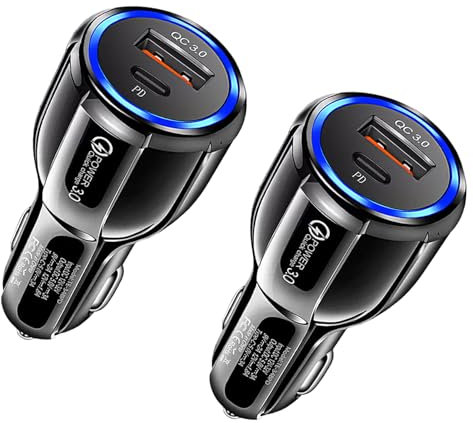 2 Pcs Prise de Chargeur de Voiture USB/QC3.0 + Type-C/PD,12V/24V Rapide Chargeur Allume-Cigare avec Lumière LED pour Voitures,Camions,Camionnettes,Bus(Noir)