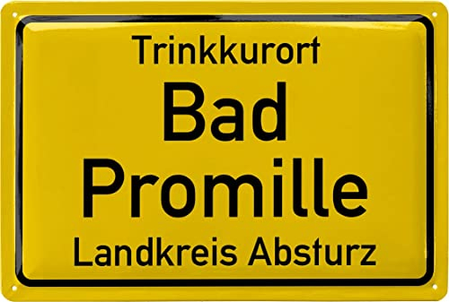 LANOLU Blechschild TRINKKURORT BAD PROMILLE Ortsschild - lustiges Sprüche Schild als JGA Männer Deko, Junggesellenabschied Party Schild, Kneipen und Partykeller Dekoration, 20x30 cm