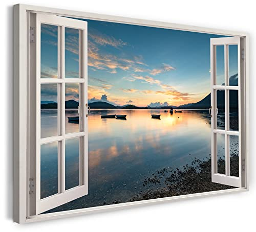 Bilder Fensterblick 120x80cm Baumwoll-Leinwand auf Keilrahmen mit Aufhänger moderner Kunstdruck XXL Wandbilder Wand-Dekoration Landschaft am Meer Natur Sonnenuntergang Boot - Natur-Fotografie