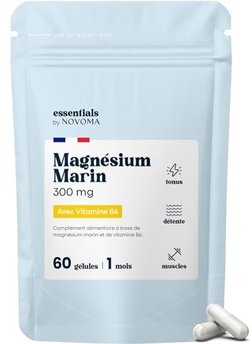 Magnésium Marin + Vitamine B6, Combat la Fatigue et le Stress, Cure de 1 mois, 60 Gélules Végétales, Magnesium Pur 300 mg/jour, Fabriqué en France, Essentials by Novoma