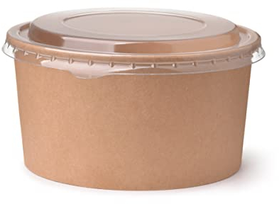 emissimo Saladier à emporter avec couvercle marron rond I Saladier en carton kraft emballage avec revêtement intérieur PLA I Couvercle en PET recyclé (50, bol de 1000 ml + couvercle)