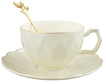 fanquare Vintage Amarillo Taza de Té con Cuchara, 200ml Taza de Café con Platillo, Taza de Té de Porcelana para Espresso, Capuchino