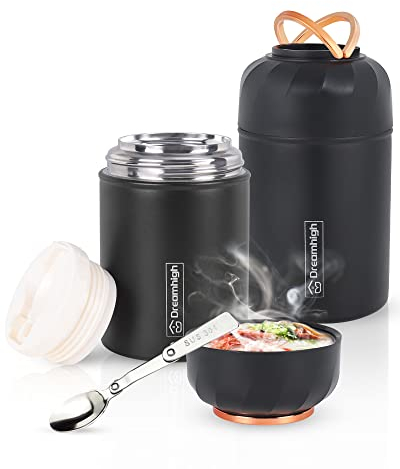 Dreamhigh® Thermobehälter für Essen 550 ml, Edelstahl Thermobecher mit faltbaren Löffel, Warmhaltebehälter Auslaufsicher, 10 Stunden Heiß, 12 Stunden Kalt, Speißen, Suppe, Brei, Joghurt (Schwarz)