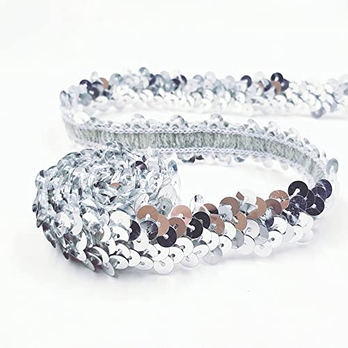 CNFQ 10 yards Elastisches glänzendes Paillettenband Applikation für Hochzeit Kostüm Brautschmuck PVC (Silber)