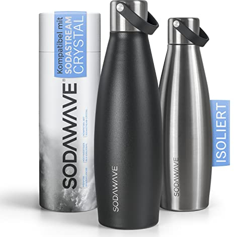 SODAWAVE® Trinkflasche Edelstahl [620ml] kompatibel mit SodaStream Crystal I Doppelwandige Thermo Edelstahl Trinkflasche I 100% auslaufsichere Flasche ideal für unterwegs (Schwarz)