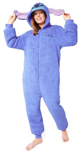 Disney Pigiama Donna Intero - Pigiamone Stitch in Pile con Zip e Cappuccio S-2XL - Pigiami Interi Oversized per Ragazza (Blu Stitch, L)