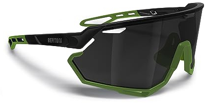BERTONI Radfahren MTB Lauf Sportbrille für Männer Frauen in TR90 Antibeschlag Weitwinkelobjektiv mod. ALPHA (Glänzendes Schwarz/Matt Grün – Silberne Spiegellinse)