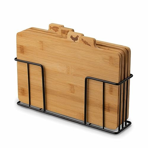Lot de 4 planches à découper en bambou avec support en cèdre - Avec support en métal noir